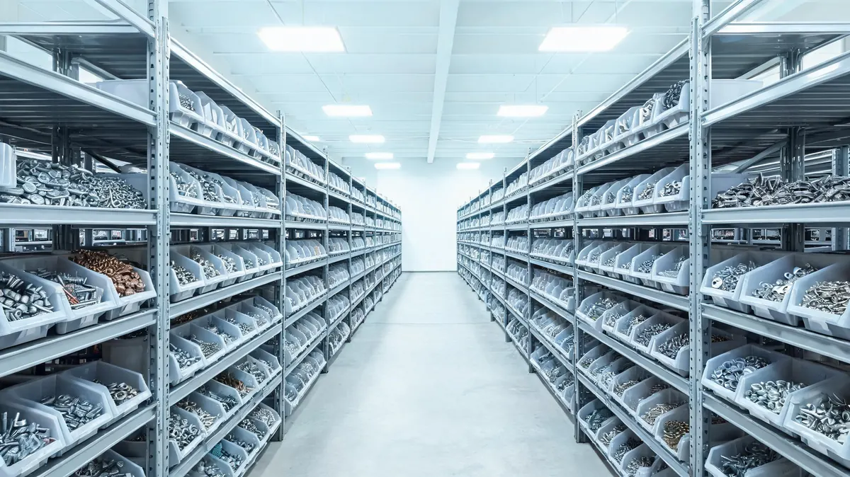 Fastener warehouse with organised bins